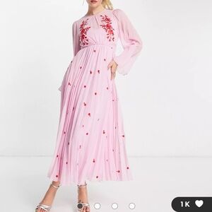 ASOS DESIGN tie back pleated sleeve midi dress in pink with red embroidery